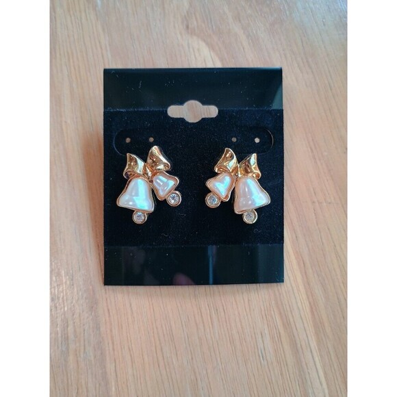 Avon Jewelry - Vintage Bell Earrings Faux Pearl Bow Bell Pierced Holiday Gold White Christmas